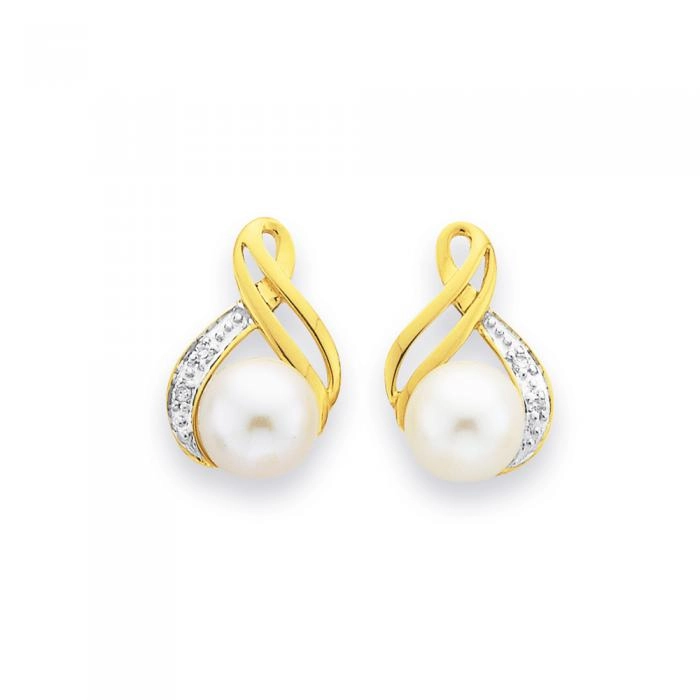 9ct Gold Cultured Freshwater Pearl & Diamond Earrings