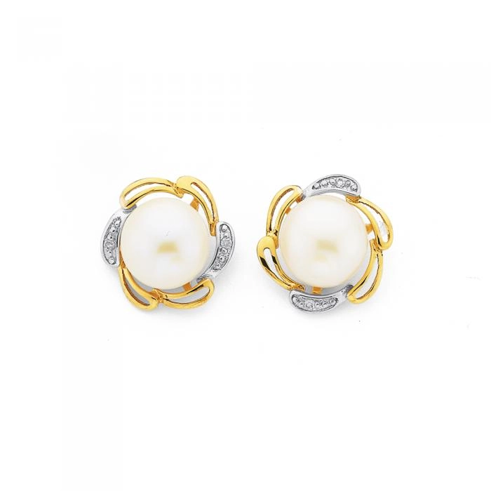 9ct Gold Cultured Freshwater Pearl & Diamond Flower Stud Earrings