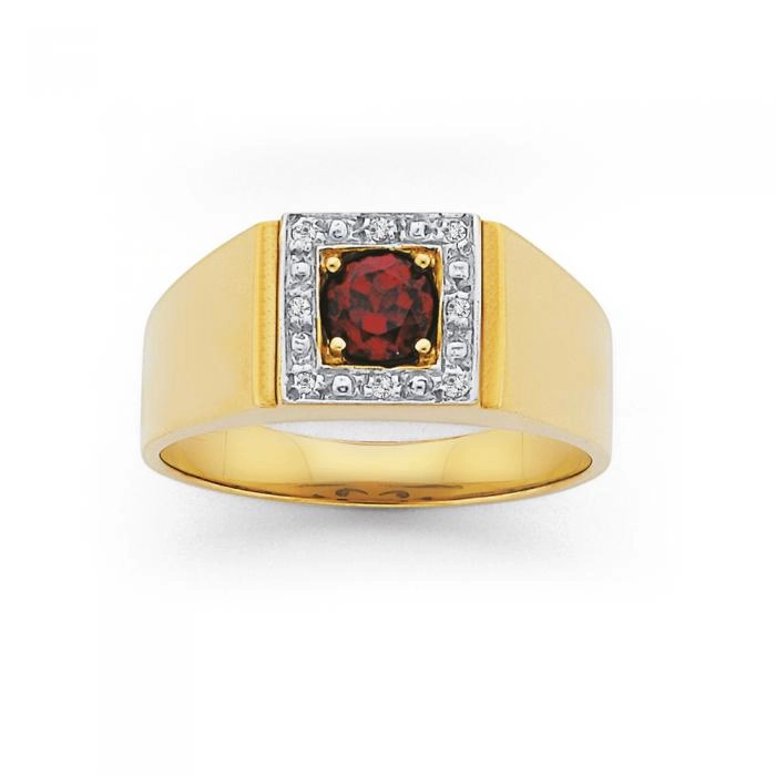 9ct Gold Diamond and Created Ruby Men's Ring