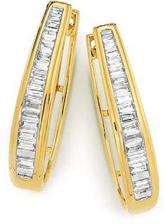 9ct Gold Diamond Baguette Cut Huggie Earrings