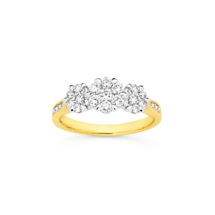 9ct Gold Diamond Cluster Trilogy Ring