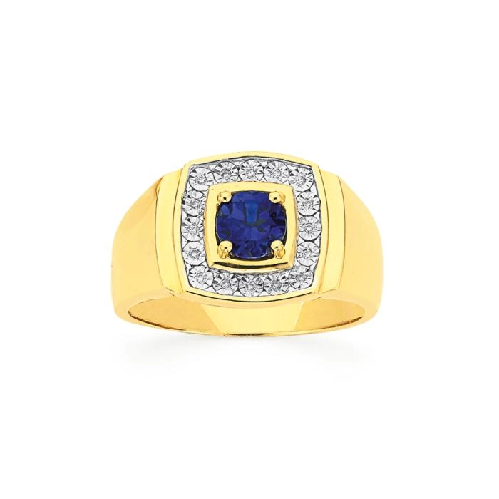 9ct Gold Diamond & Created Sapphire Men's Ring