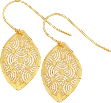 9ct Gold Diamond-Cut Filigree Leaf Hook Drop Earrings