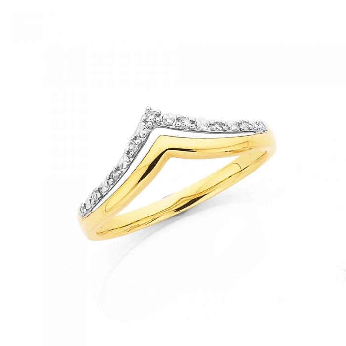 9ct Gold Diamond Double V Shape Split Ring