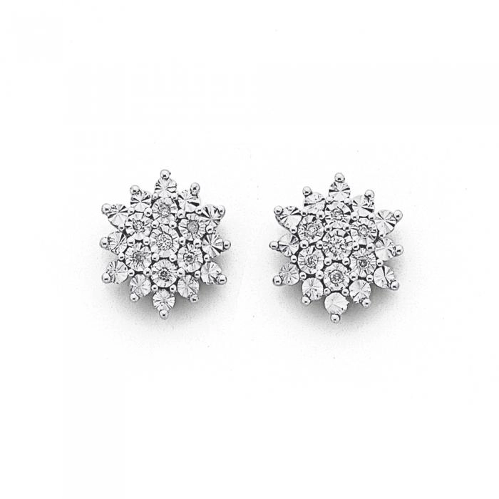 9ct Gold Diamond Starburst Cluster Stud Earrings