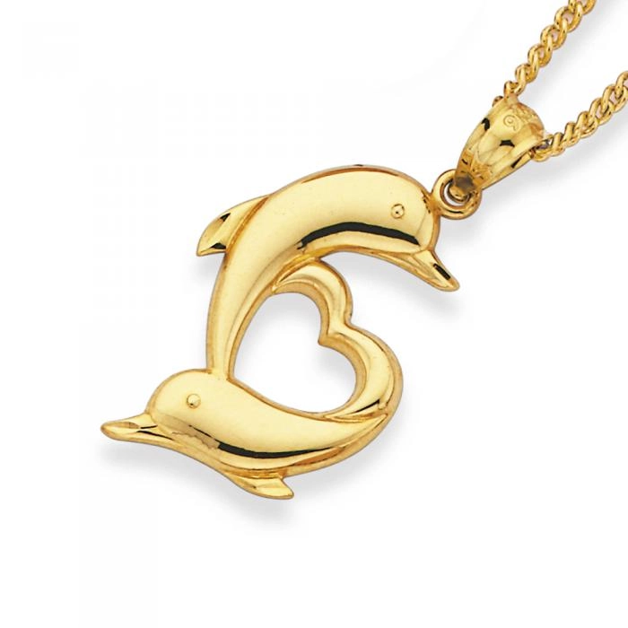 9ct Gold Double Dolphin Heart Pendant