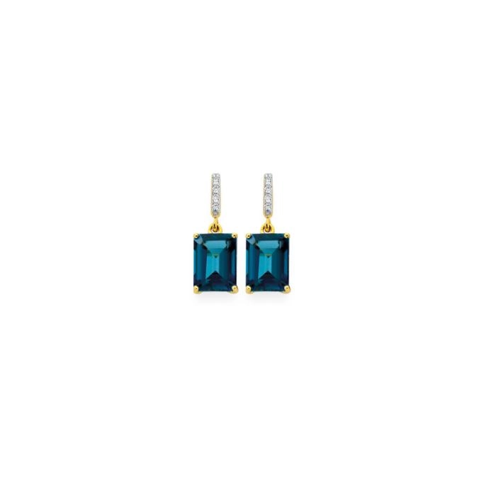 9ct Gold London Blue Topaz & Diamond Drop Earrings