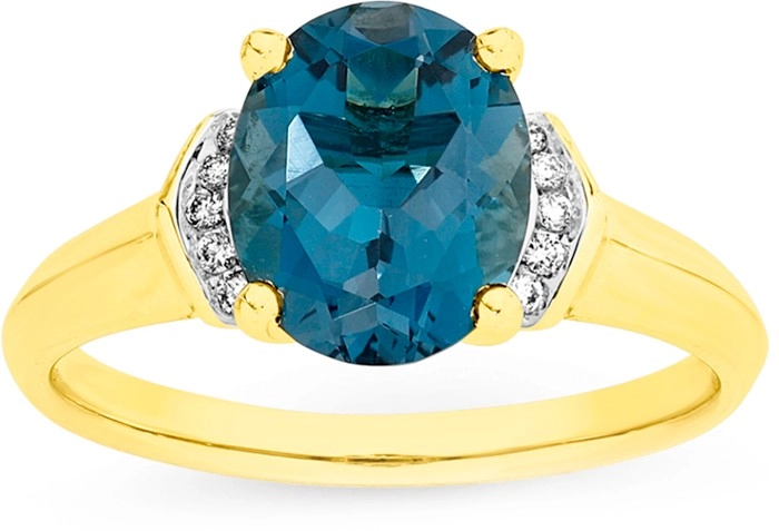 9ct Gold London Blue Topaz & Diamond Ring