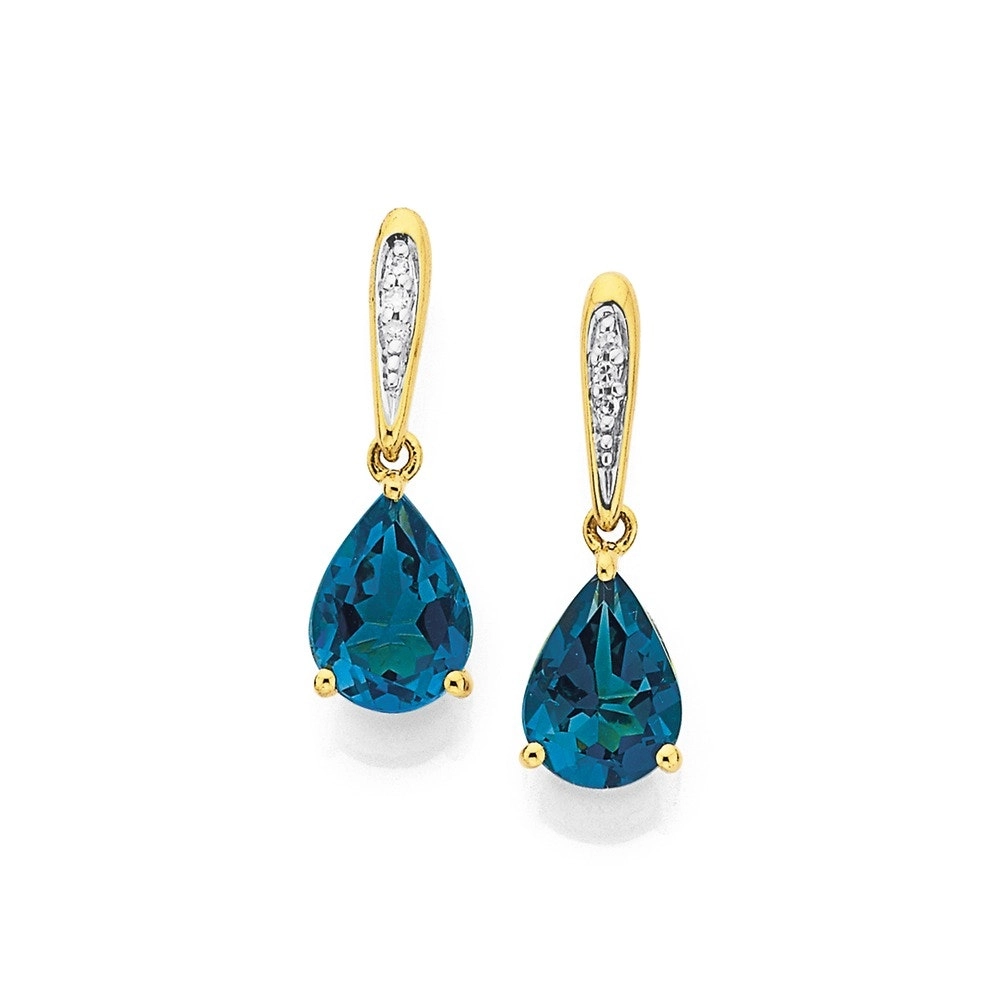 9ct Gold London Blue Topaz & Diamond Stud Earrings