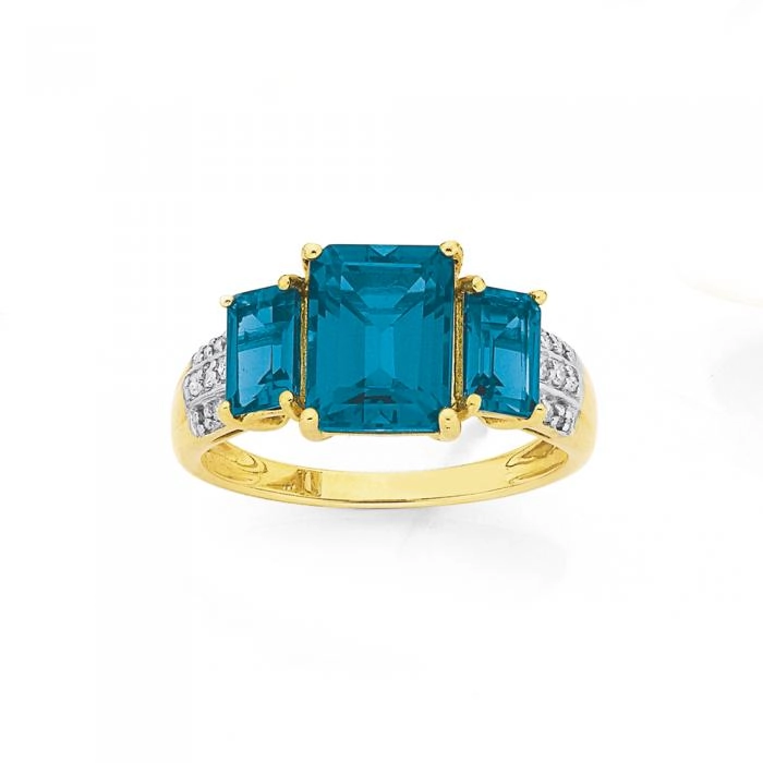 9ct Gold London Blue Topaz & Diamond Trilogy Ring