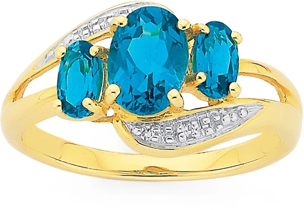 9ct Gold London Blue Topaz & Diamond Trilogy Ring