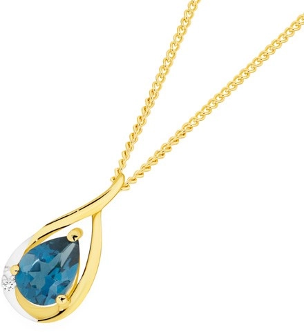 9ct Gold London Blue Topaz with Diamond Teardrop Pendant