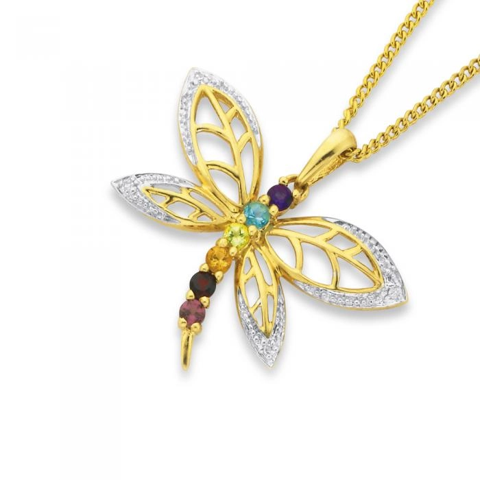 9ct Gold Multi Gemstone & Diamond Dragonfly Pendant