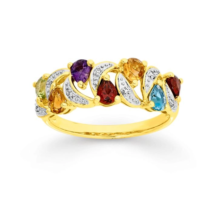 9ct Gold Multi Gemstone & Diamond Ring