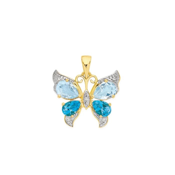 9ct Gold Multi Topaz & Diamond Butterfly Pendant