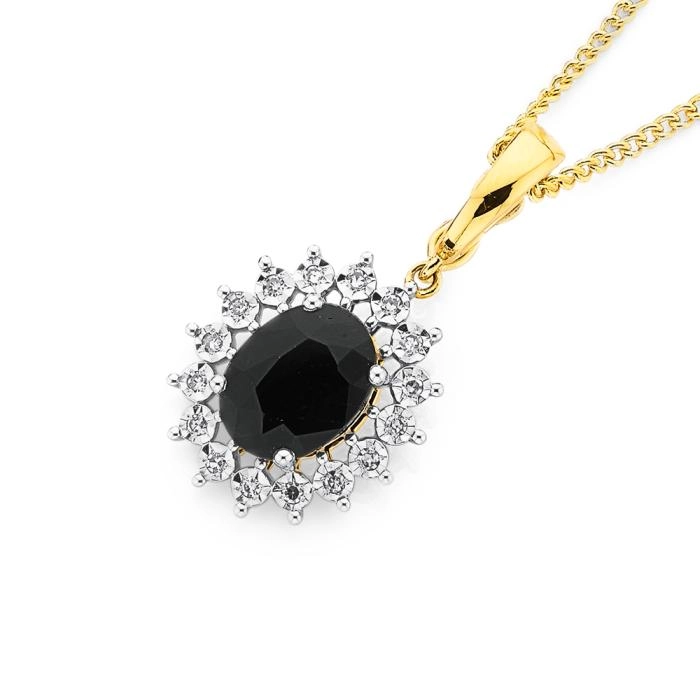 9ct Gold Sapphire & Diamond Oval Pendant