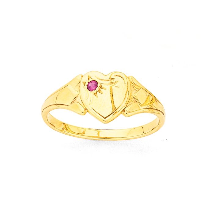 9ct Gold Single Heart Created Ruby Signet Ring