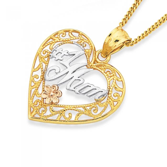 9ct Gold Tri Tone '#1 Mum' Filigree Heart Pendant