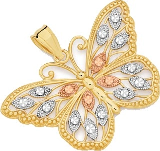 9ct Gold Tri Tone Filigree Butterfly Pendant