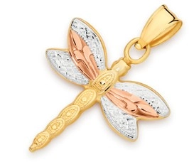 9ct Gold Tri Tone Hollow Diamond Cut Dragonfly Pendant