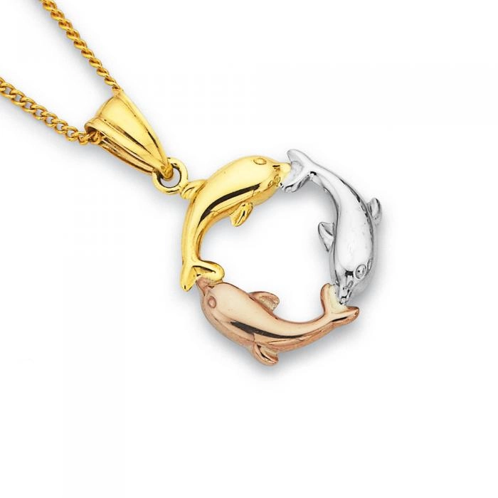 9ct Gold Tri Tone Triple Dolphin Pendant