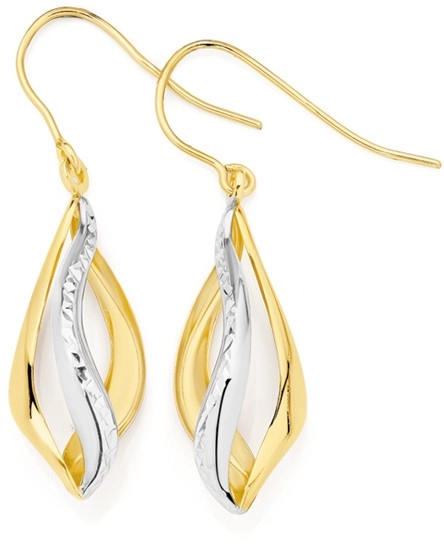 9ct Gold Two Tone 15mm Open Swirl Drop Earrings