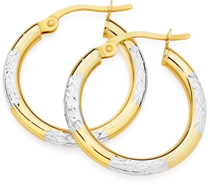 9ct Gold Two Tone 2.5x15mm Striped Hoop Earrings