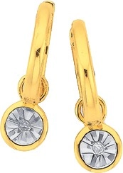 9ct Gold Two Tone  Diamond Drop Huggie Earrings