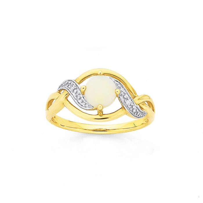 9ct Gold White Opal and Diamond Ring