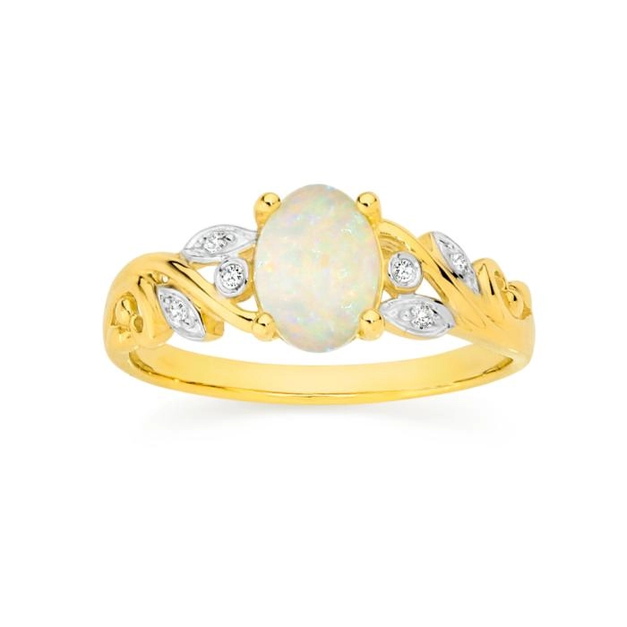 9ct Gold White Opal and Diamond Ring