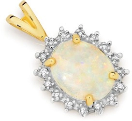 9ct Gold White Opal & Diamond Frame Pendant