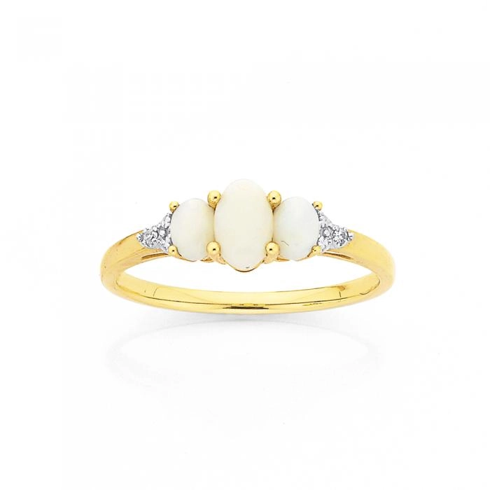 9ct Gold White Opal & Diamond Trilogy Ring