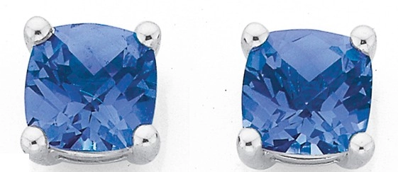 9ct White Gold Created Ceylon Sapphire 5mm Cushion Cut Studs