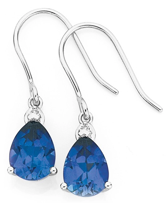 9ct White Gold Created Ceylon Sapphire & Diamond Pear Shape Hook Earrings