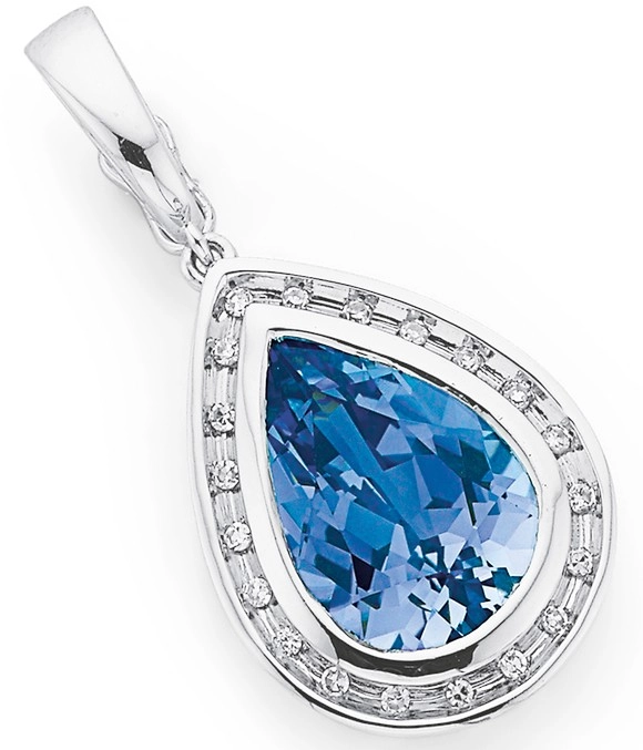 9ct White Gold Created Ceylon Sapphire & Diamond Pear Shape Pendant