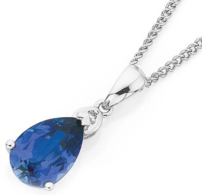 9ct White Gold Created Ceylon Sapphire & Diamond Pendant