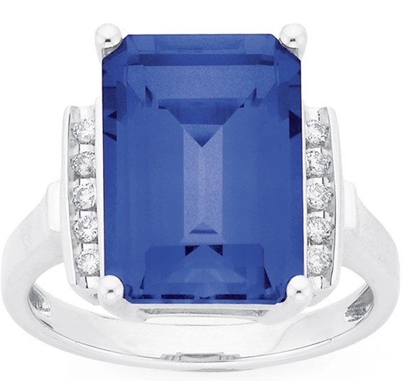 9ct White Gold Created Ceylon Sapphire & Diamond Ring