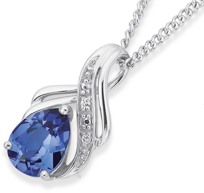 9ct White Gold Created Ceylon Sapphire & Diamond Swirl Pendant