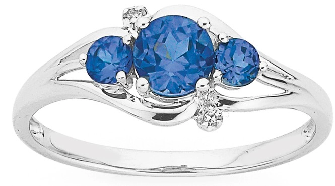 9ct White Gold Created Ceylon Sapphire & Diamond Trilogy Ring