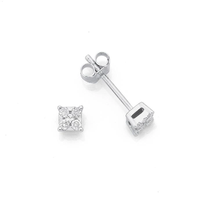 9ct White Gold Diamond Square Look Stud Earrings