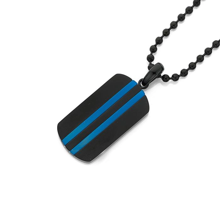 Chisel Stainless Steel Black Tag with Double Blue Lines Men's Pendant