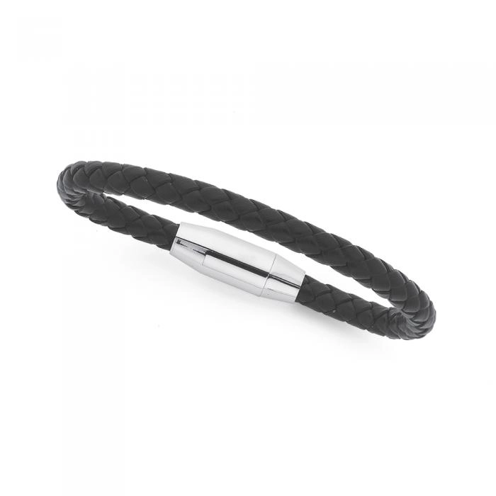 Stainless Steel Black Leather Plaited Men's Bracelet