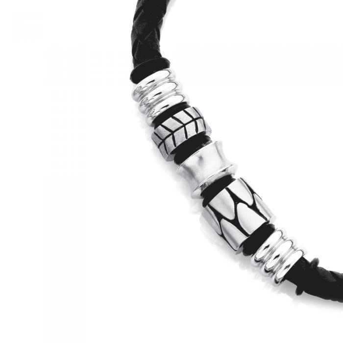 Stainless Steel Black Leather Plaited Men's Bracelet