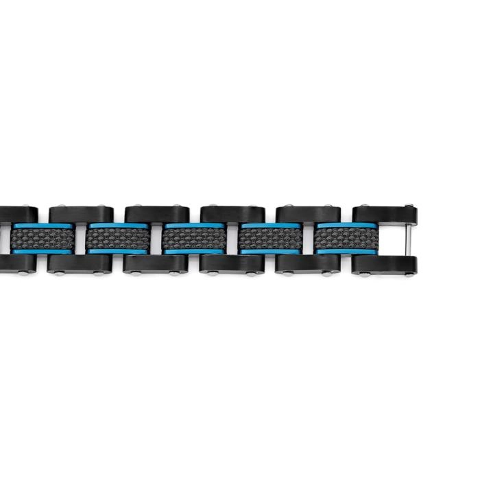 Stainless Steel Black with Blue Details Texture Link Men's Bracelet