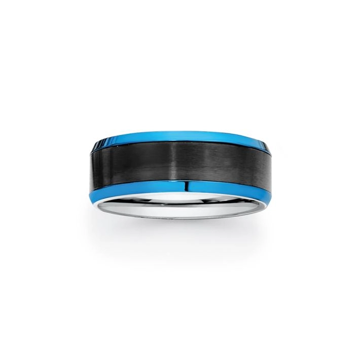 Stainless Steel Blue Bevel with Black Centre Men's Ring