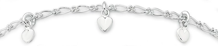 Sterling Silver 18.5cm Figaro Heart Charm Bracelet