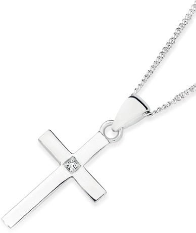 Sterling Silver 20mm Single Cubic Zirconia Fine Cross Pendant