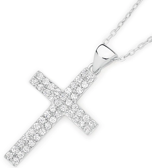 Sterling Silver 25mm Pave Cubic Zirconia Square End Cross Pendant