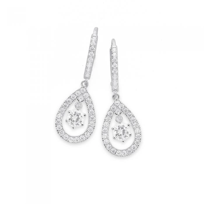 Sterling Silver 6 Claw Cubic Zirconia In Open Cubic Zirconia Pear Drop Earrings