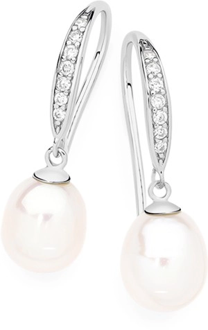 Sterling Silver 7.5mm Cultured Freshwater Pearl Pave Cubic Zirconia Hook Earrings